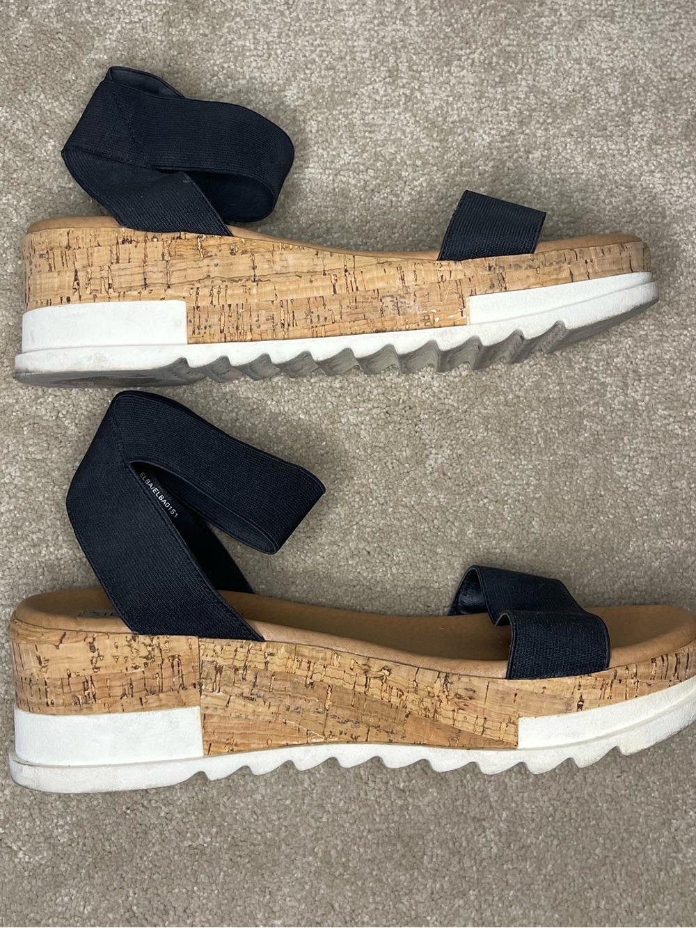 Steve Madden Black Elastic Strap Cork-Platform Sandals - Picture 3 of 6
